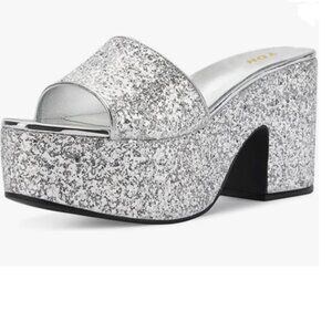 YDN Silver Glitter Platform Heeled Mules Round Toe Block Heels Slip On Sandals